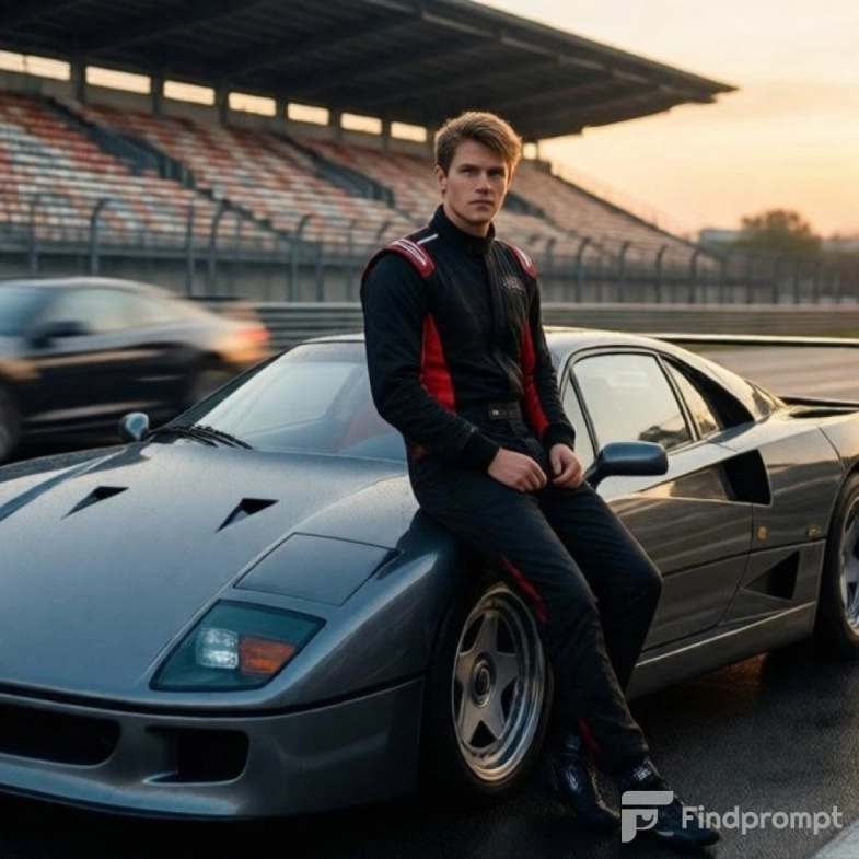 молодой человек блондин на фоне спорт-кара