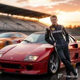 молодой человек блондин на фоне спорт-кара